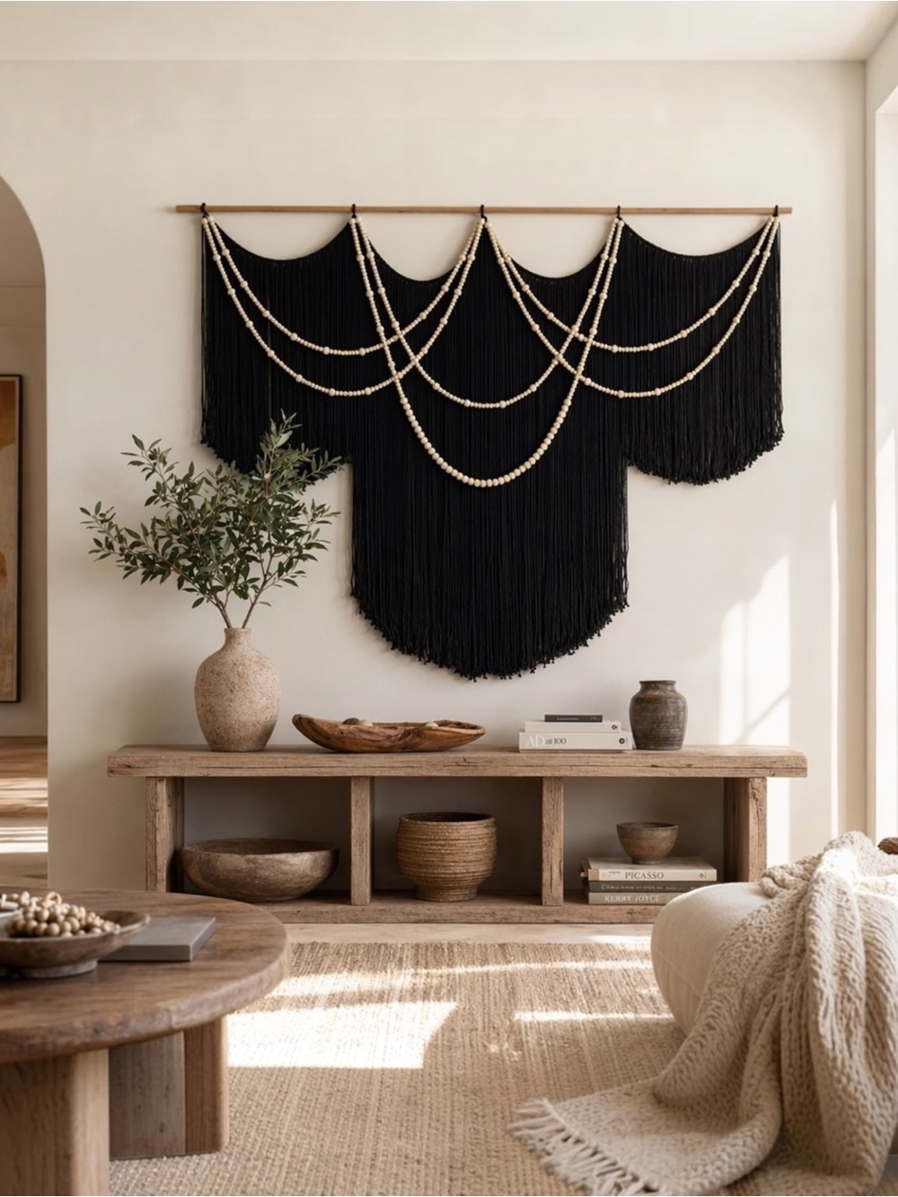 NEW Anthropologie XL Black Boho Beaded Tapestry Macrame Wall Hanging 57" x 43"